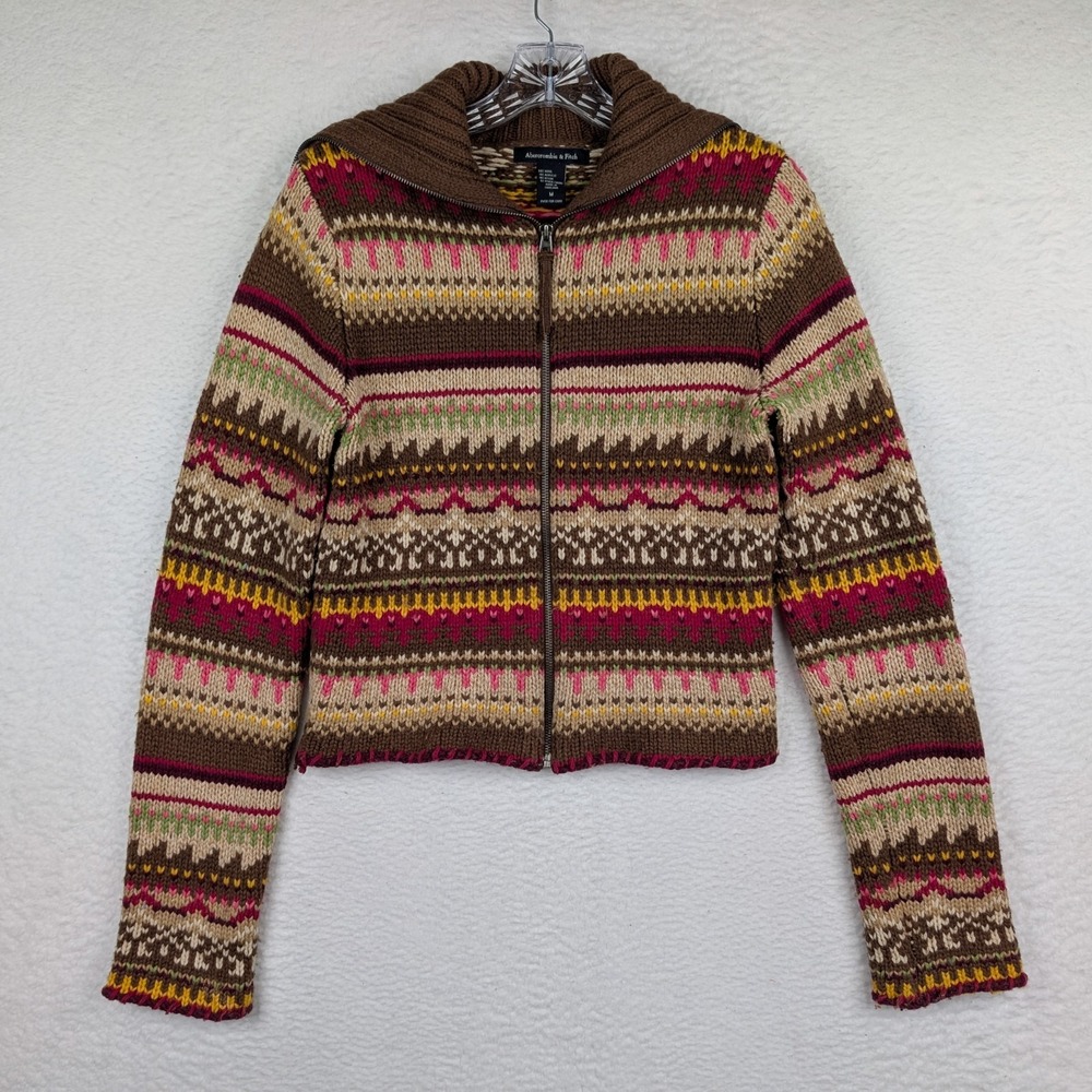 Abercrombie & Fitch Zip Cardigan Sweater Womens Medium Fair Isle Chunky Knit Y2K